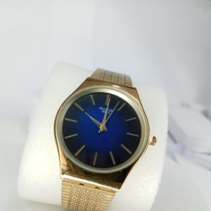 Swatch Unisex Gold-Tone Blue Dial Mesh Band Quartz Watch