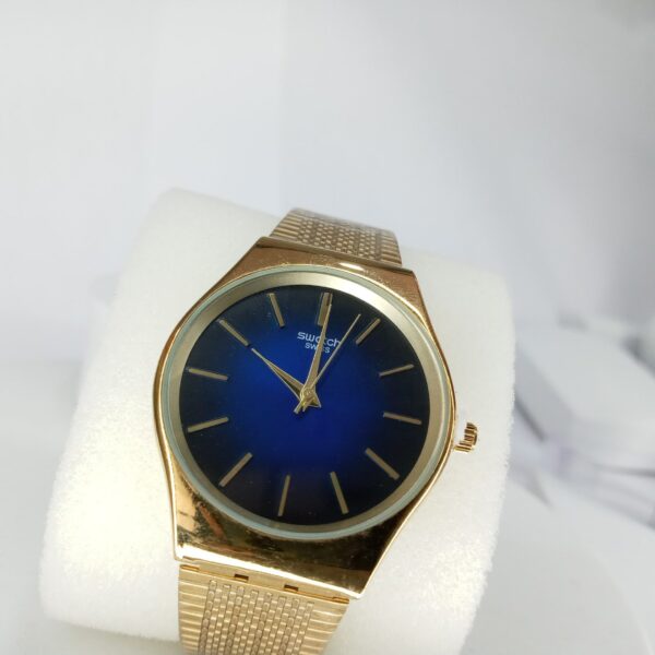 Swatch Unisex Gold-Tone Blue Dial Mesh Band Quartz Watch
