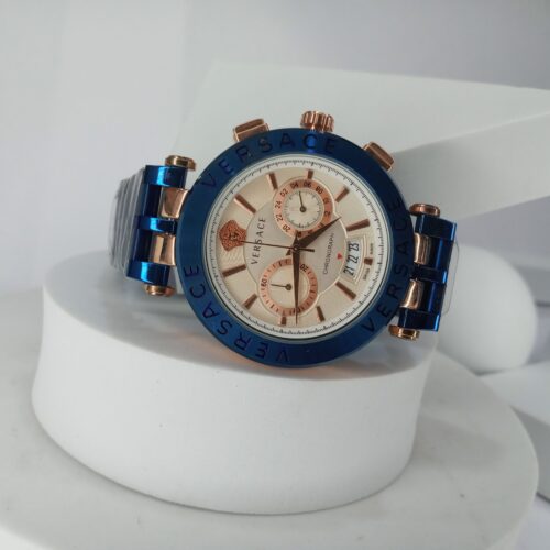Versace Men's Blue  Rose Gold Chronograph Stainless Steel Watch