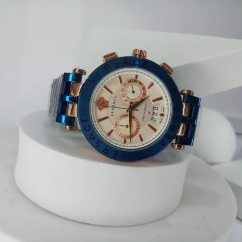 Versace Men's Blue Rose Gold Chronograph Stainless Steel Watch
