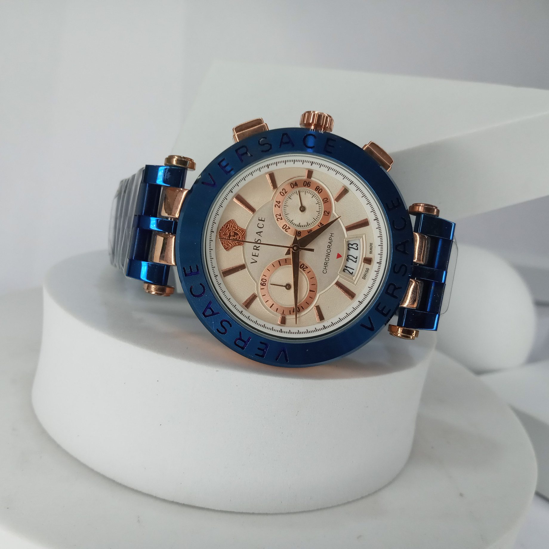 Versace Men's Blue Rose Gold Chronograph Stainless Steel Watch