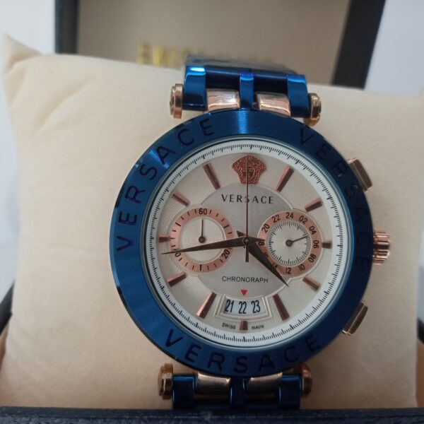Versace Men's Blue  Rose Gold Chronograph Stainless Steel Watch