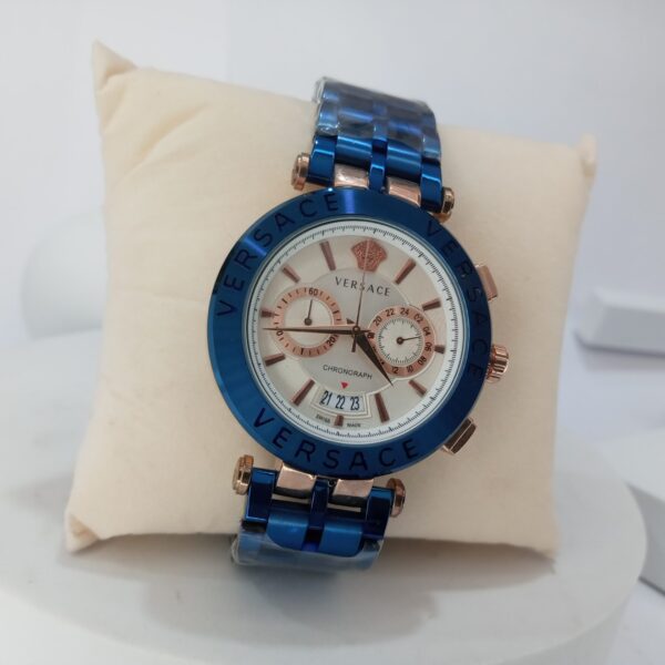 Versace Men's Blue  Rose Gold Chronograph Stainless Steel Watch