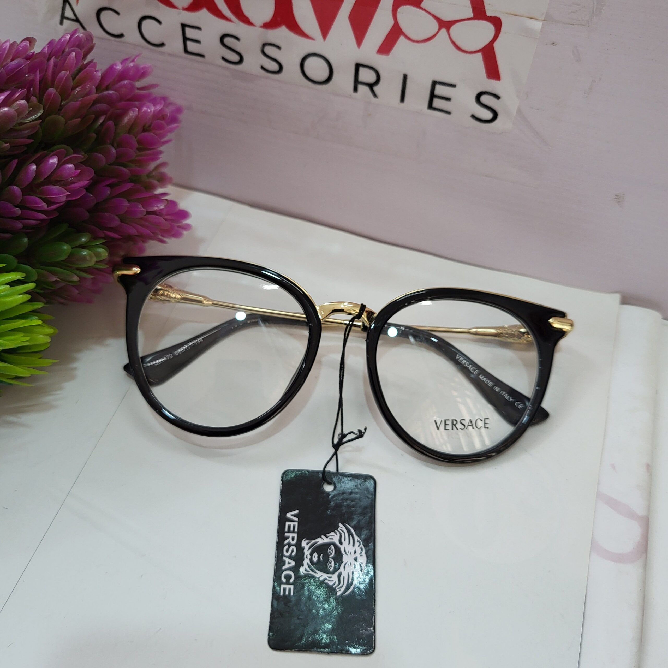 Versace Black Gold Rounded Cat-Eye Eyeglasses Frame