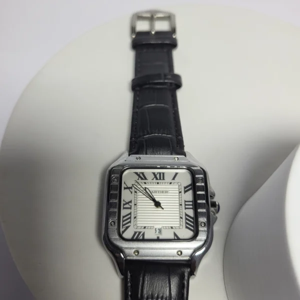 Cartier Santos 1236G Stainless Steel Leather Strap Date Watch