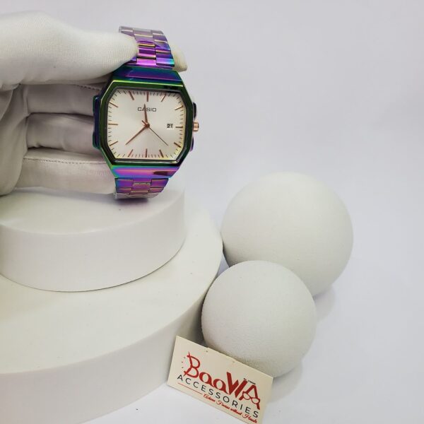 Casio 2401 Iridescent Octagonal Stainless Steel Water Resistant Date Watch