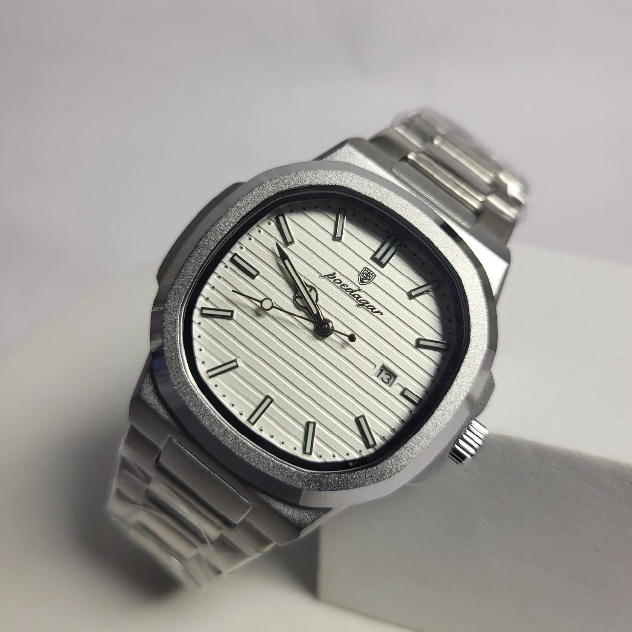 Poedagar Men's Silver Stainless Steel Quartz Integrated Bracelet Watch