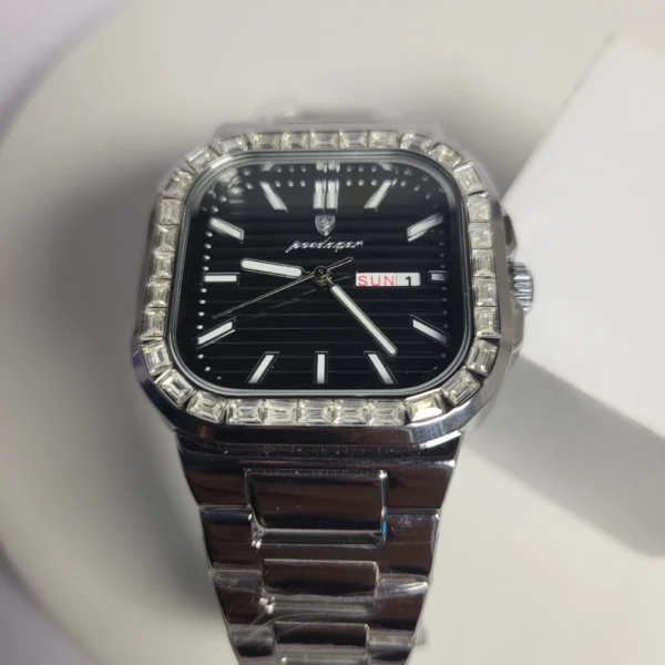 Poedagar 9758 Men's Square Diamond Bezel Day-Date Stainless Steel Watch