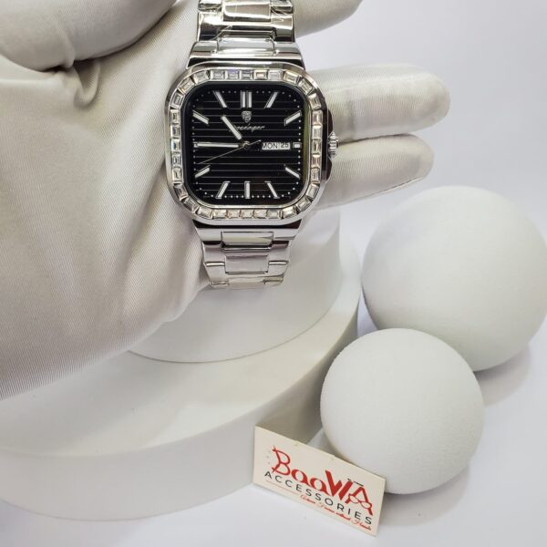 Poedagar 9758 Men's Square Diamond Bezel Day-Date Stainless Steel Watch