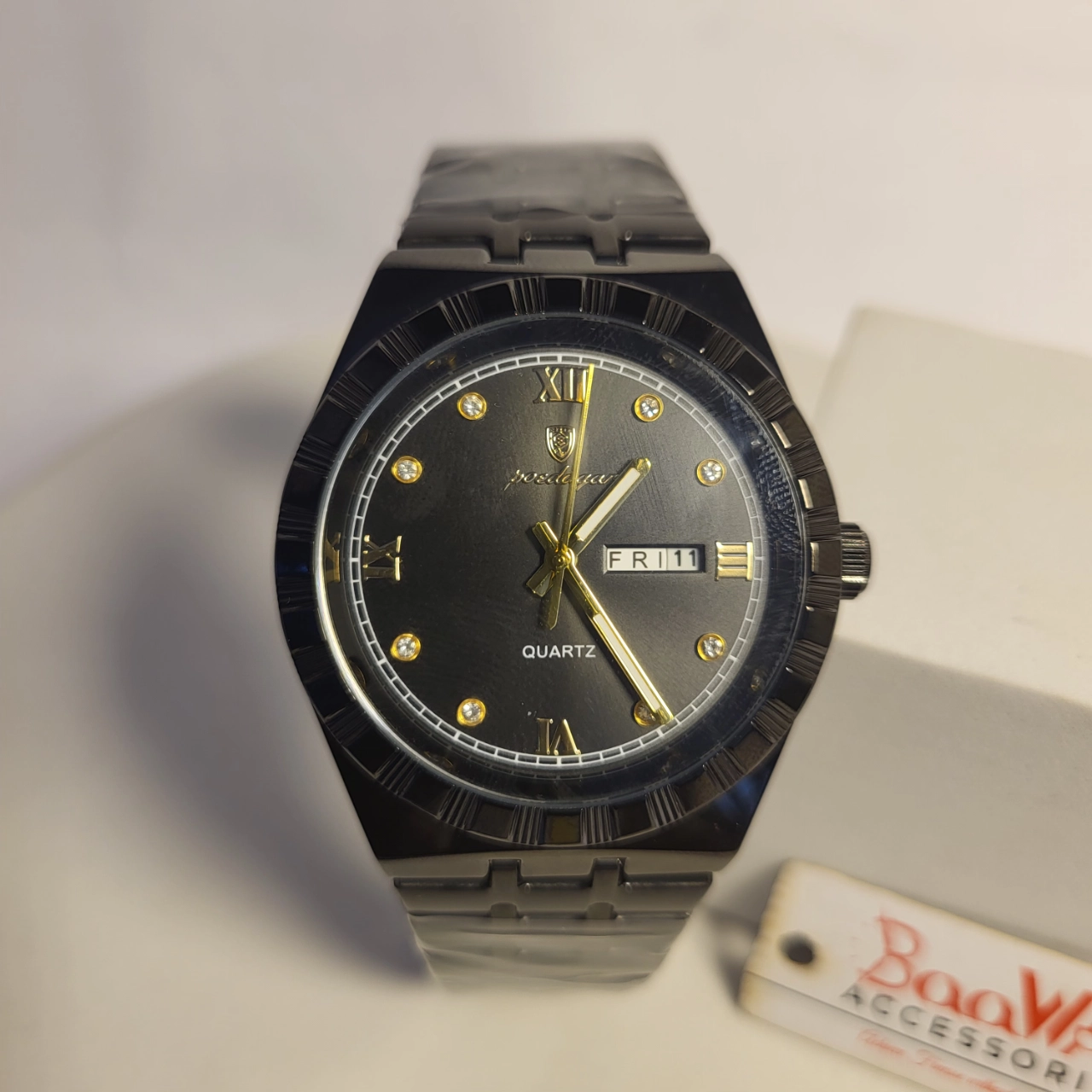 Poedagar Men's Black Stainless Steel Quartz Day-Date Water Resistant Watch 872B/896B