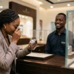 Customer inspecting an authentic watch at a Nigerian retail counter