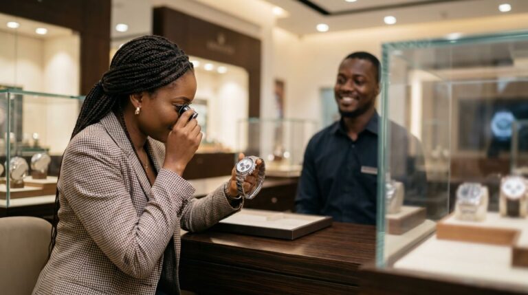 Customer inspecting an authentic watch at a Nigerian retail counter