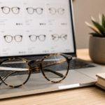 Prescription glasses resting on a laptop displaying an online optical shop in Nigeria