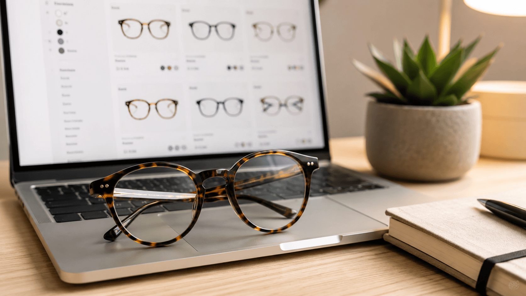 Home 21 Prescription glasses resting on a laptop displaying an online optical shop in Nigeria